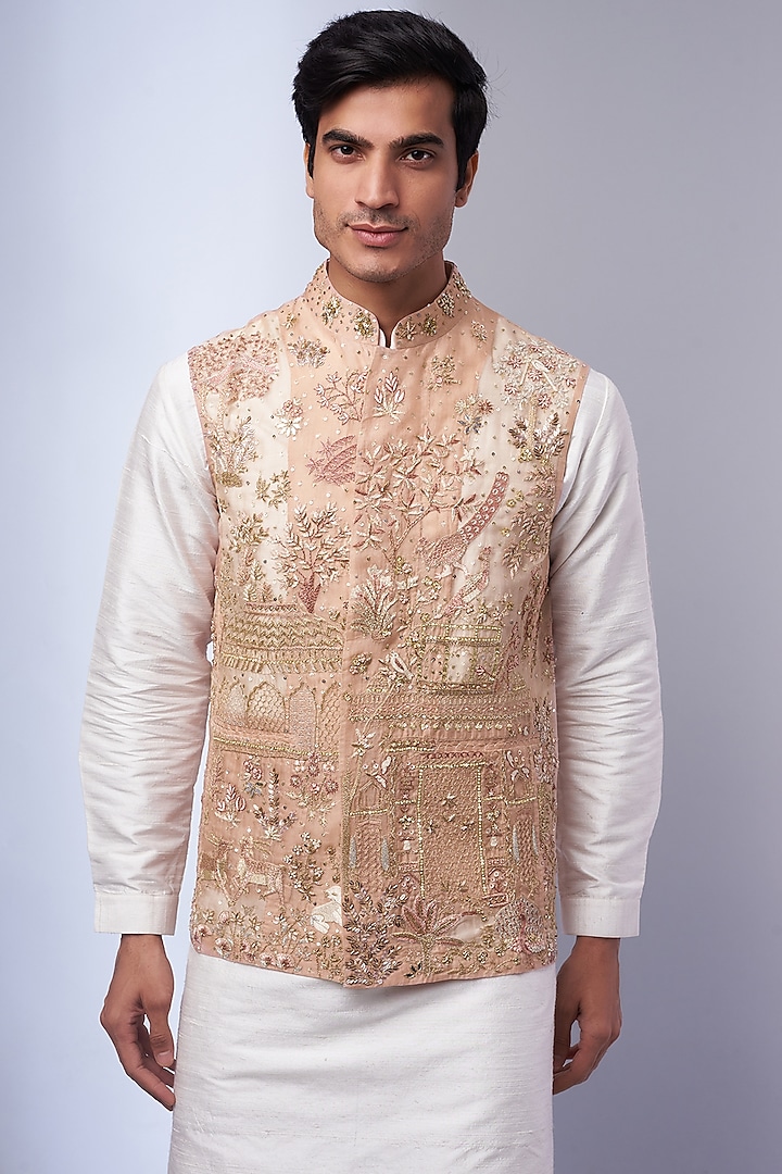 Rose Pink Shell Organza Embroidered Bundi Jacket by Rahul Mishra Men at Pernia's Pop Up Shop
