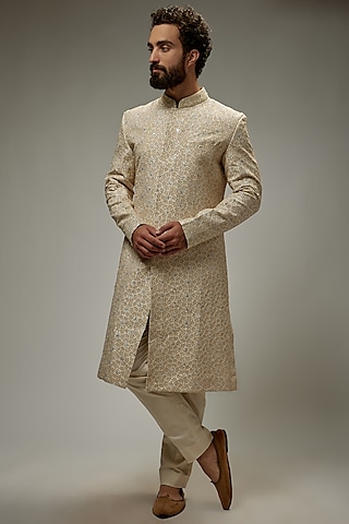 Ivory Raw Silk Hand Embroidered Sherwani by Rahul Mishra Men