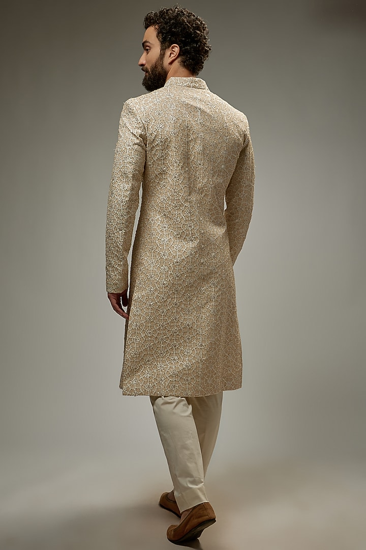 Ivory Raw Silk Hand Embroidered Groom Sherwani by Rahul Mishra Men at Pernia's Pop Up Shop