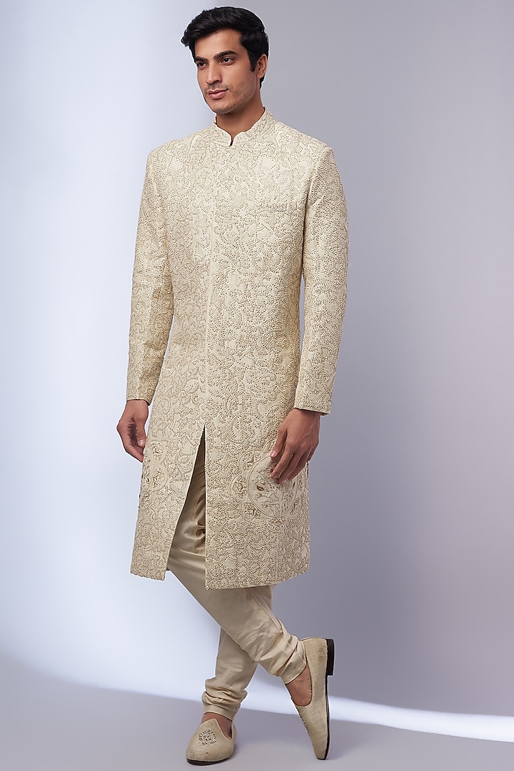 Ivory & Gold Wool Silk Embroidered Sherwani by Rahul Mishra Men