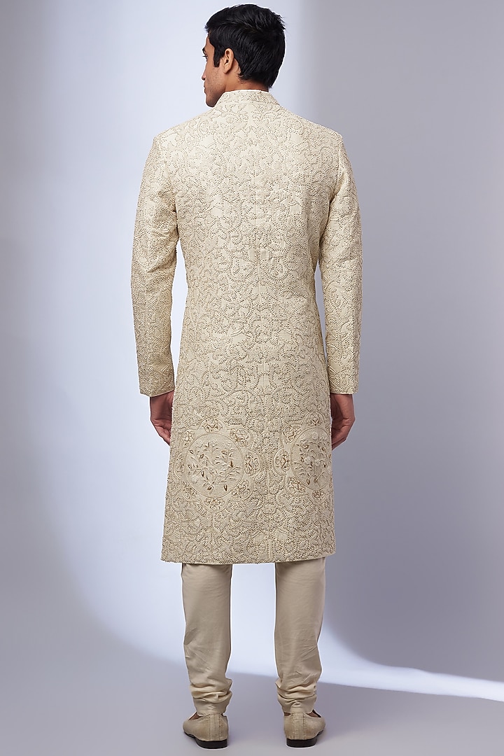 Ivory & Gold Wool Silk Embroidered Groom Sherwani by Rahul Mishra Men at Pernia's Pop Up Shop