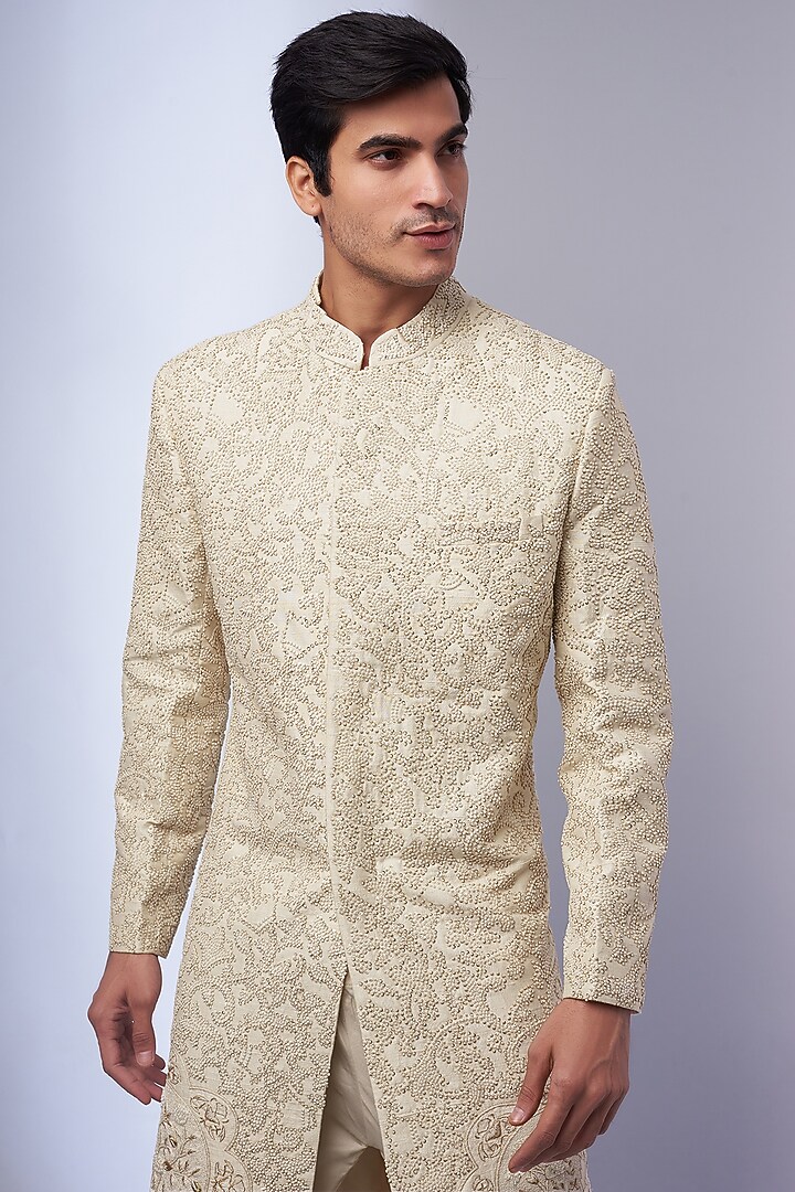 Ivory & Gold Wool Silk Embroidered Groom Sherwani by Rahul Mishra Men at Pernia's Pop Up Shop