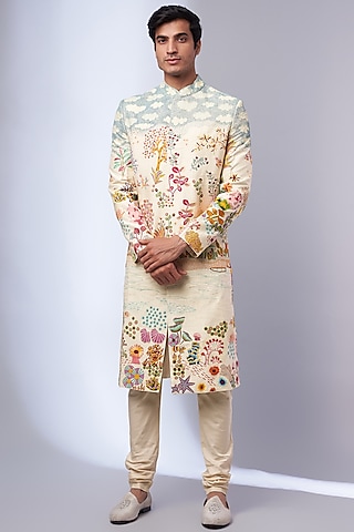 Multi-Colored Moonga Silk Embroidered Sherwani by Rahul Mishra Men