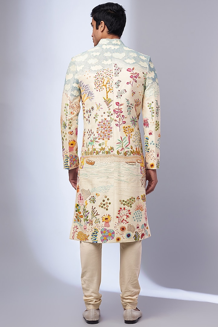 Multi-Colored Moonga Silk Embroidered Groom Sherwani by Rahul Mishra Men at Pernia's Pop Up Shop
