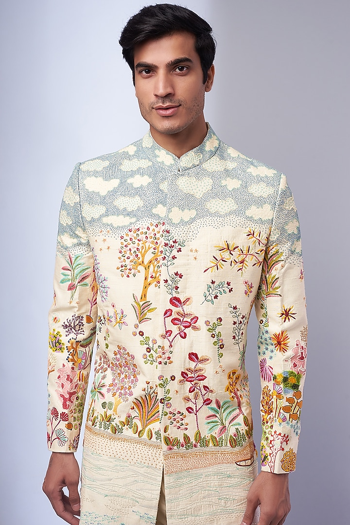 Multi-Colored Moonga Silk Embroidered Groom Sherwani by Rahul Mishra Men at Pernia's Pop Up Shop