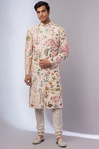 Pink Moonga Silk Embroidered Sherwani by Rahul Mishra Men