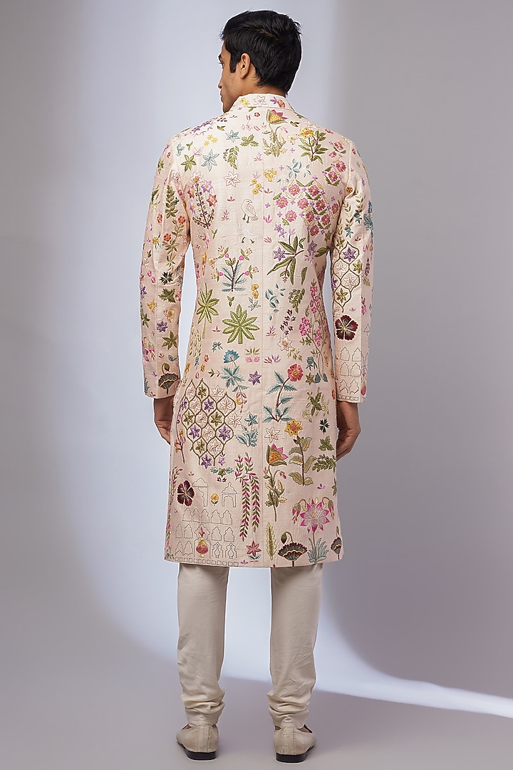 Pink Moonga Silk Embroidered Groom Sherwani by Rahul Mishra Men at Pernia's Pop Up Shop