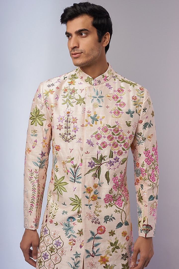 Pink Moonga Silk Embroidered Groom Sherwani by Rahul Mishra Men at Pernia's Pop Up Shop