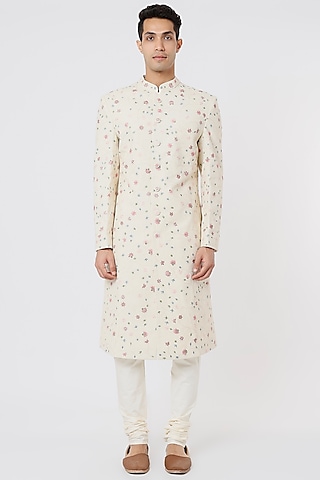 Ivory Cotton & Dupion Silk Hand Embroidered Sherwani Set by Rahul Mishra Men