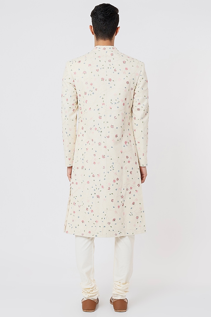 Ivory Cotton & Dupion Silk Hand Embroidered Groom Sherwani Set by Rahul Mishra Men at Pernia's Pop Up Shop