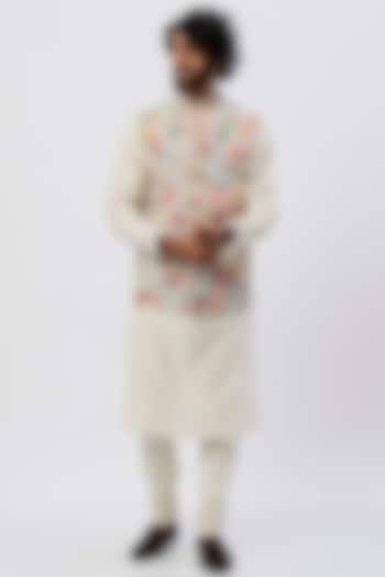 Off-White Embroidered Bundi Jacket With Kurta Set by Rahul Mishra Men
