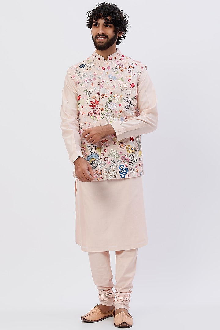Pink Embroidered Bundi Jacket With Kurta Set by Rahul Mishra Men