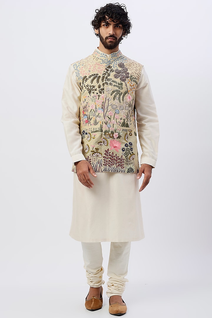 Beige Embroidered Bundi Jacket With Kurta Set by Rahul Mishra Men