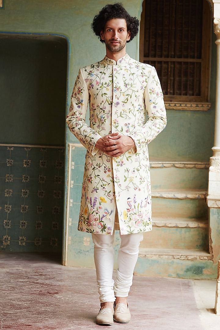 Multi Colored Hand Embroidered Sherwani Set by Rahul Mishra Men