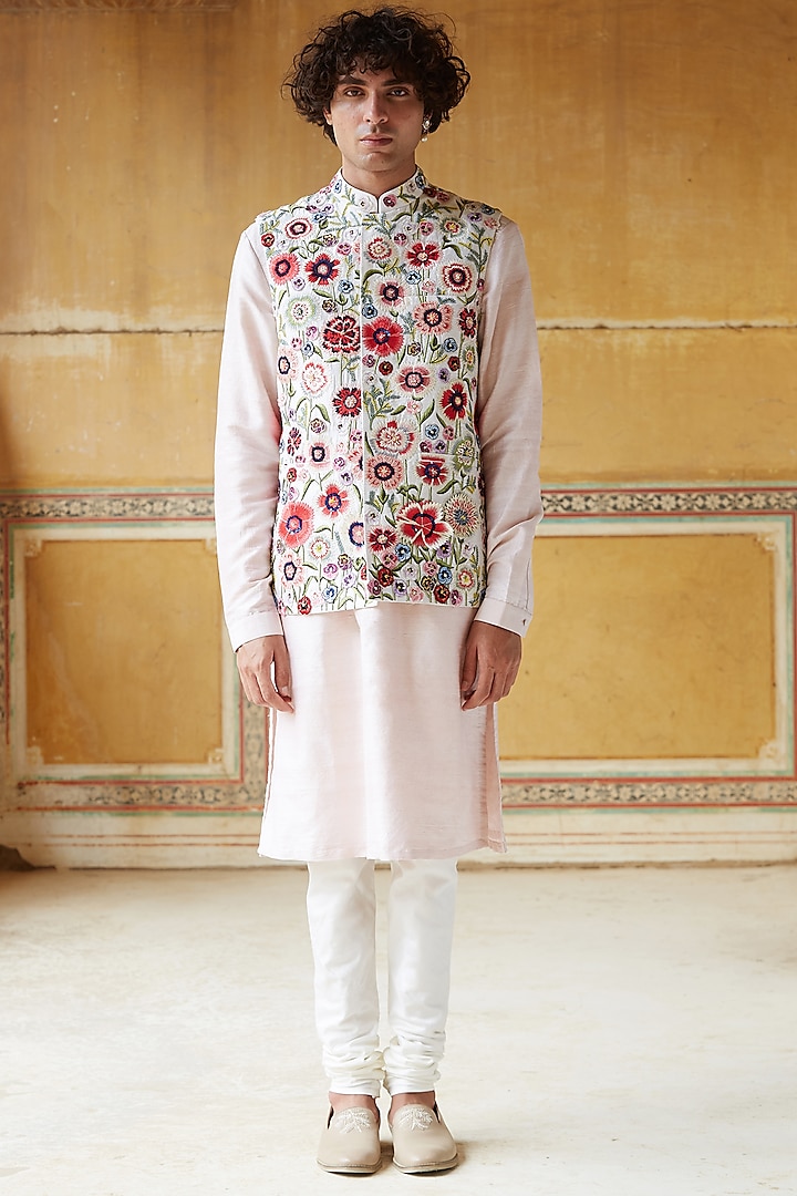 Pink Kurta Set With Hand Embroidered Bundi Jacket by Rahul Mishra Men