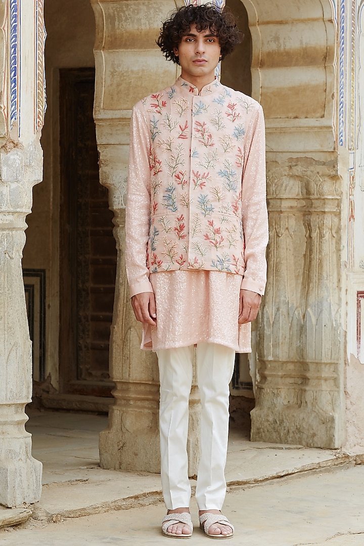 Pink Kurta Set With Embroidered Bundi Jacket by Rahul Mishra Men