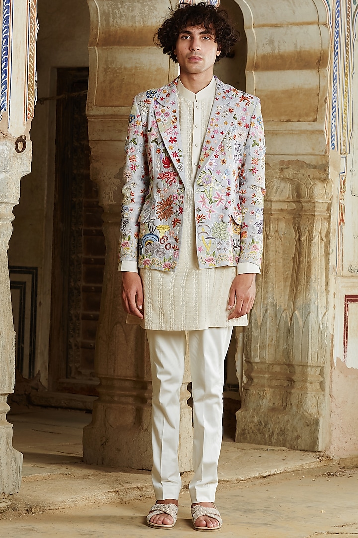 Ivory Kurta Set With Hand Embroidered Jacket by Rahul Mishra Men