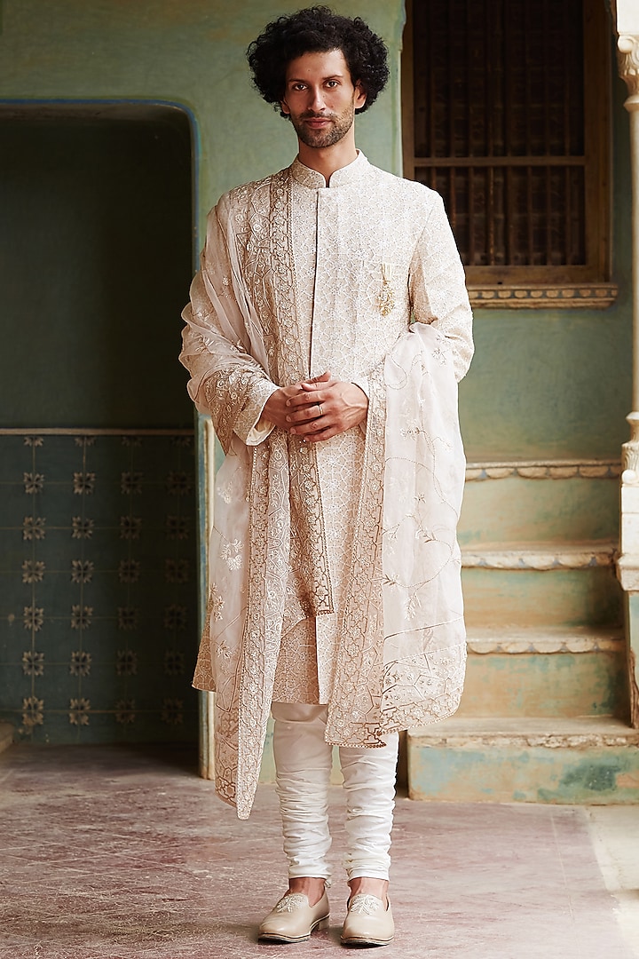 Ivory & Gold Mandava Hand Embroidered Sherwani Set by Rahul Mishra Men