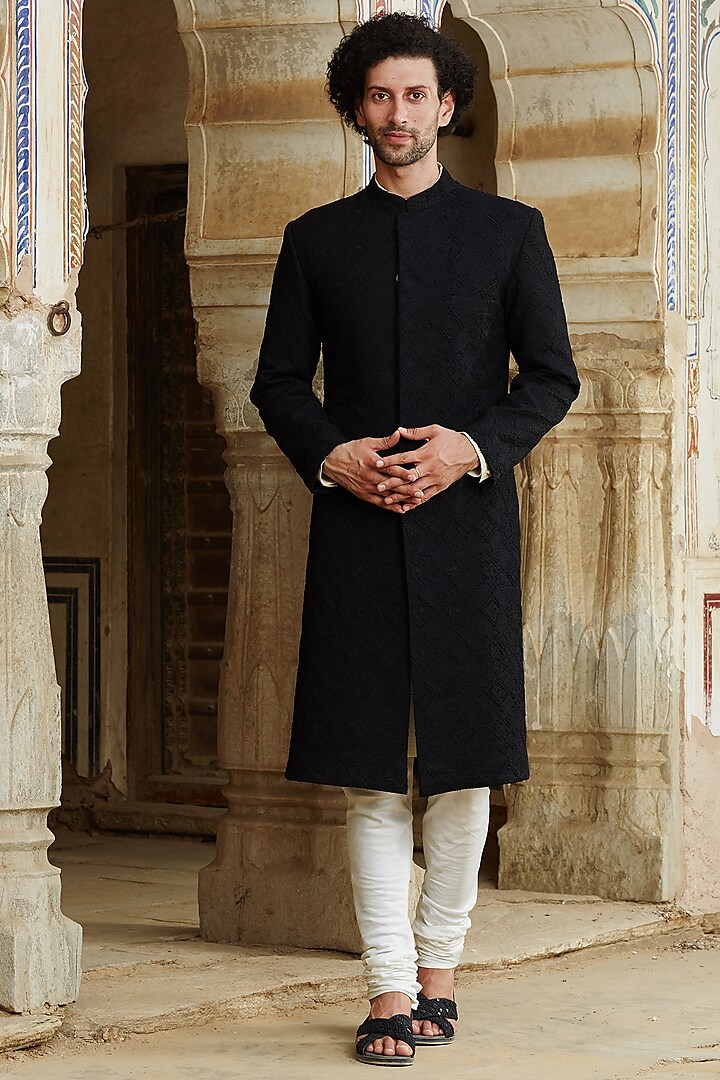 Black Geometric Hand Embroidered Sherwani Set by Rahul Mishra Men