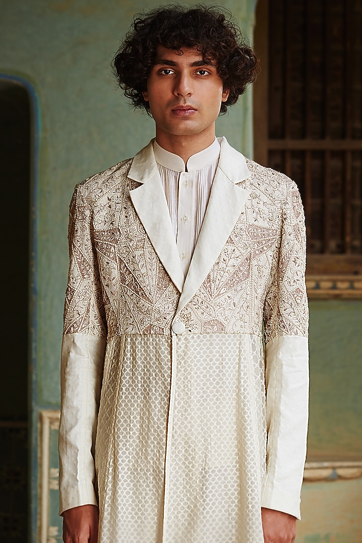 Ivory Silk Taffeta Pant Set by Rahul Mishra Men at Pernia's Pop Up Shop