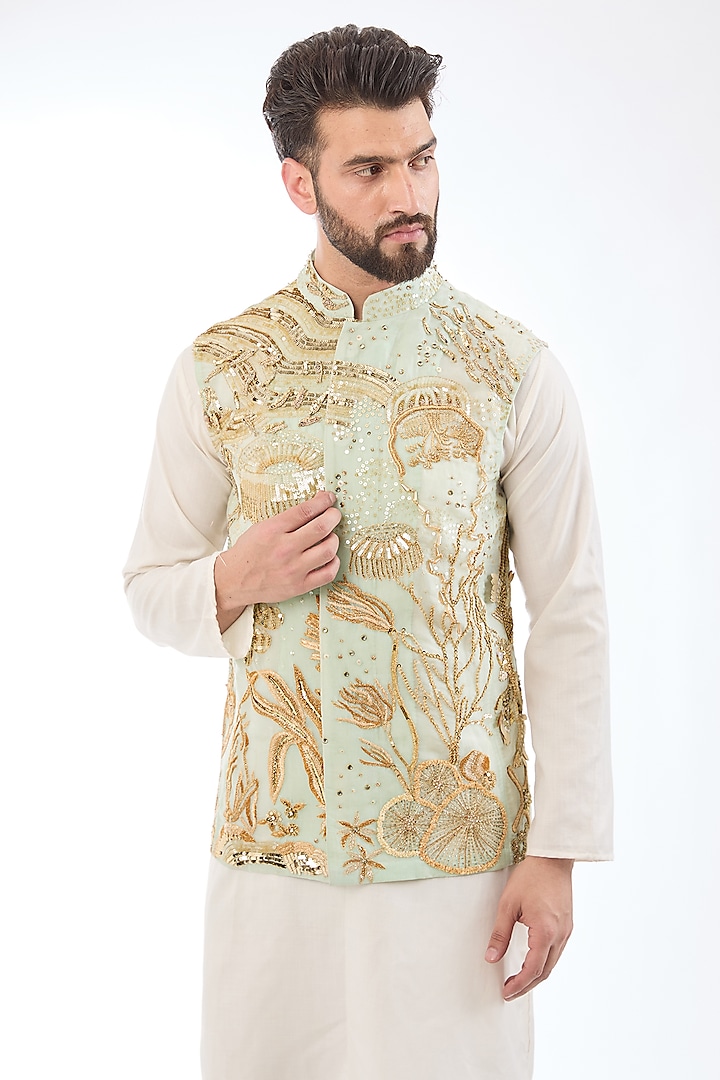 Aqua Mint Silk Hand Embroidered Bundi Jacket by Rahul Mishra Men