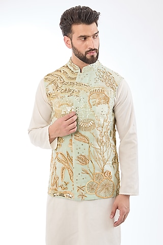 Aqua Mint Silk Hand Embroidered Bundi Jacket by Rahul Mishra Men