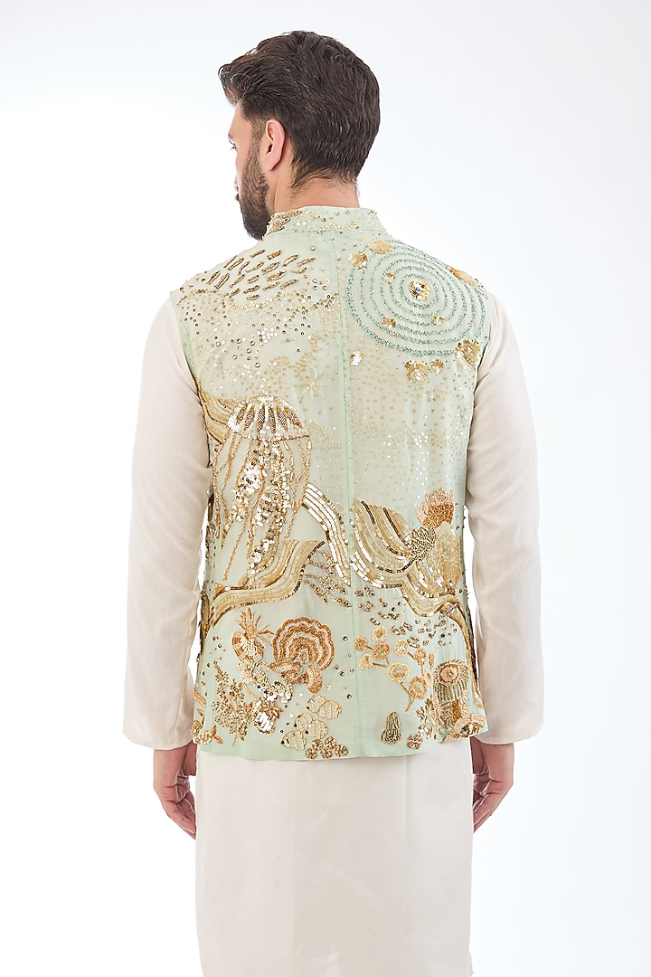 Aqua Mint Silk Hand Embroidered Bundi Jacket by Rahul Mishra Men at Pernia's Pop Up Shop