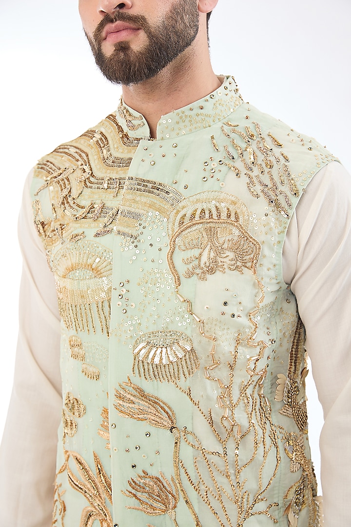 Aqua Mint Silk Hand Embroidered Bundi Jacket by Rahul Mishra Men at Pernia's Pop Up Shop