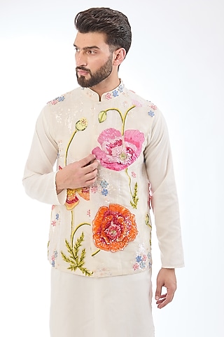 Ivory Silk Organza Hand Embroidered Bundi Jacket by Rahul Mishra Men