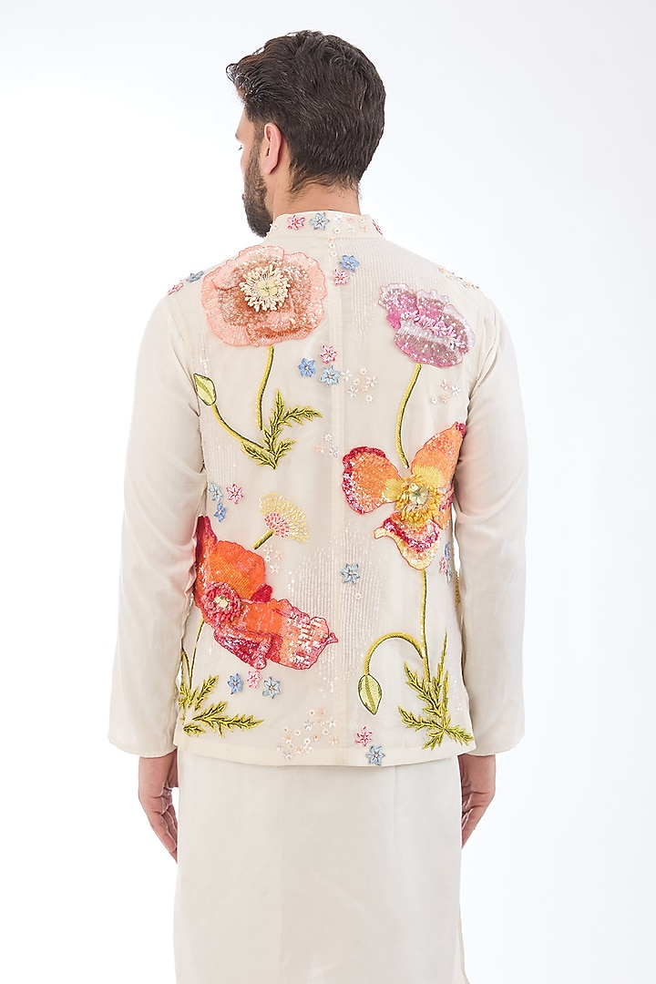 Ivory Silk Organza Hand Embroidered Bundi Jacket by Rahul Mishra Men at Pernia's Pop Up Shop