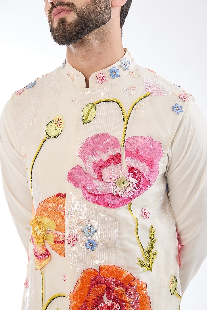 Ivory Silk Organza Hand Embroidered Bundi Jacket by Rahul Mishra Men at Pernia's Pop Up Shop