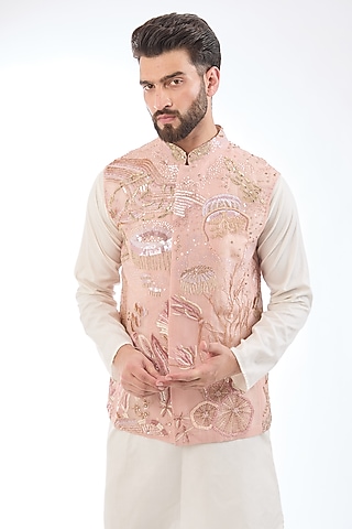 Pink Silk Organza Hand Embroidered Bundi Jacket by Rahul Mishra Men