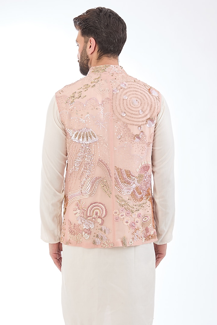 Pink Silk Organza Hand Embroidered Bundi Jacket by Rahul Mishra Men at Pernia's Pop Up Shop