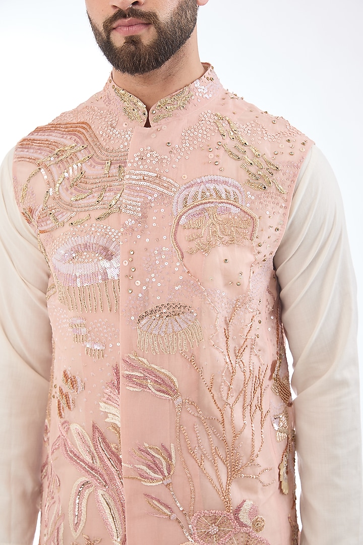 Pink Silk Organza Hand Embroidered Bundi Jacket by Rahul Mishra Men at Pernia's Pop Up Shop