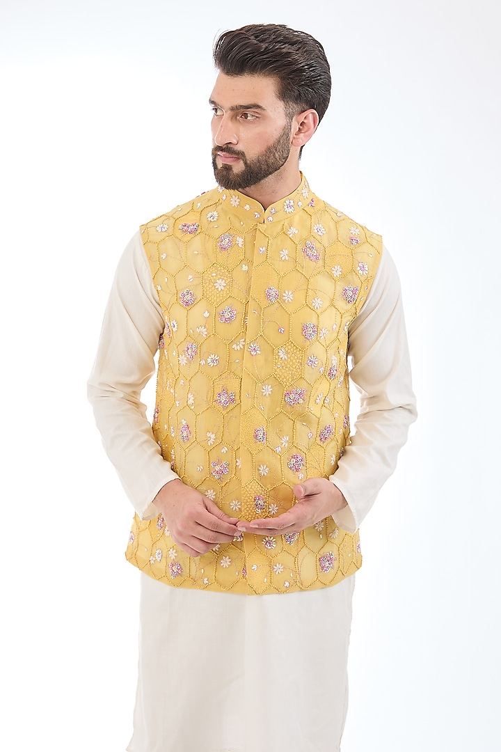 Mustard Silk Organza Hand Embroidered Bundi Jacket by Rahul Mishra Men
