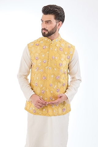 Mustard Silk Organza Hand Embroidered Bundi Jacket by Rahul Mishra Men