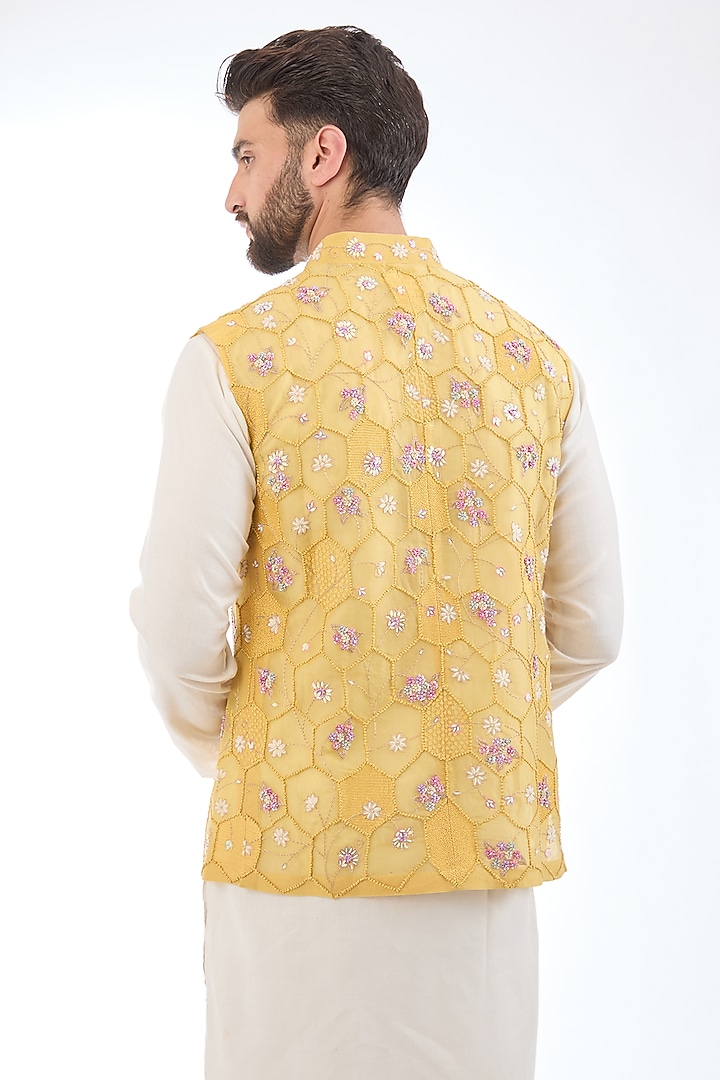 Mustard Silk Organza Hand Embroidered Bundi Jacket by Rahul Mishra Men at Pernia's Pop Up Shop