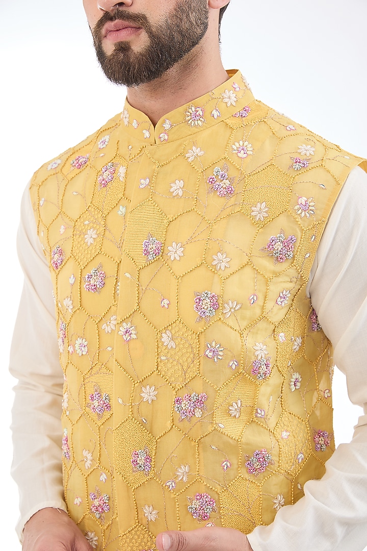 Mustard Silk Organza Hand Embroidered Bundi Jacket by Rahul Mishra Men at Pernia's Pop Up Shop