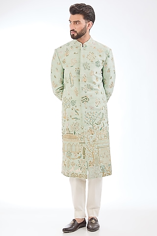 Mint Silk Hand Embroidered Sherwani by Rahul Mishra Men