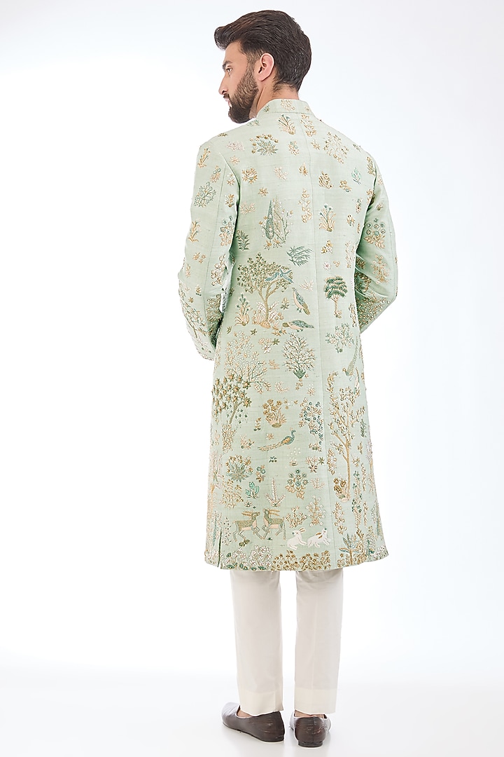 Mint Silk Hand Embroidered Groom Sherwani by Rahul Mishra Men at Pernia's Pop Up Shop