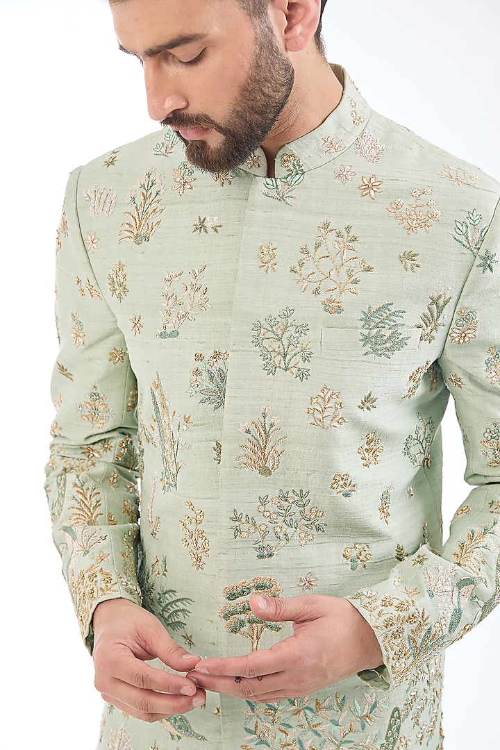 Mint Silk Hand Embroidered Groom Sherwani by Rahul Mishra Men at Pernia's Pop Up Shop