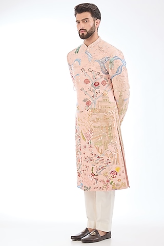 Pink Silk Hand Embroidered Sherwani by Rahul Mishra Men