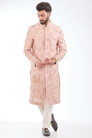 Rose Pink Silk Hand Embroidered Sherwani by Rahul Mishra Men