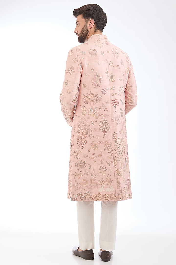 Rose Pink Silk Hand Embroidered Groom Sherwani by Rahul Mishra Men at Pernia's Pop Up Shop