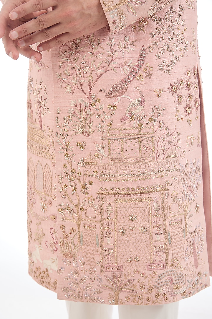 Rose Pink Silk Hand Embroidered Groom Sherwani by Rahul Mishra Men at Pernia's Pop Up Shop