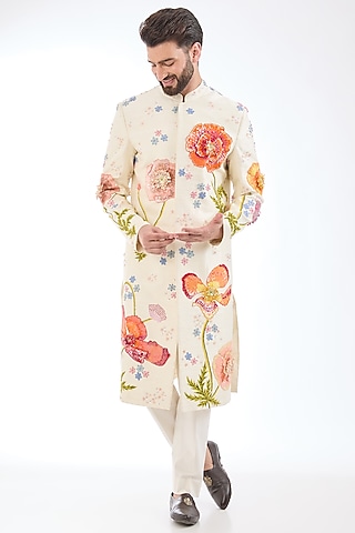 Ivory Silk Hand Embroidered Sherwani by Rahul Mishra Men