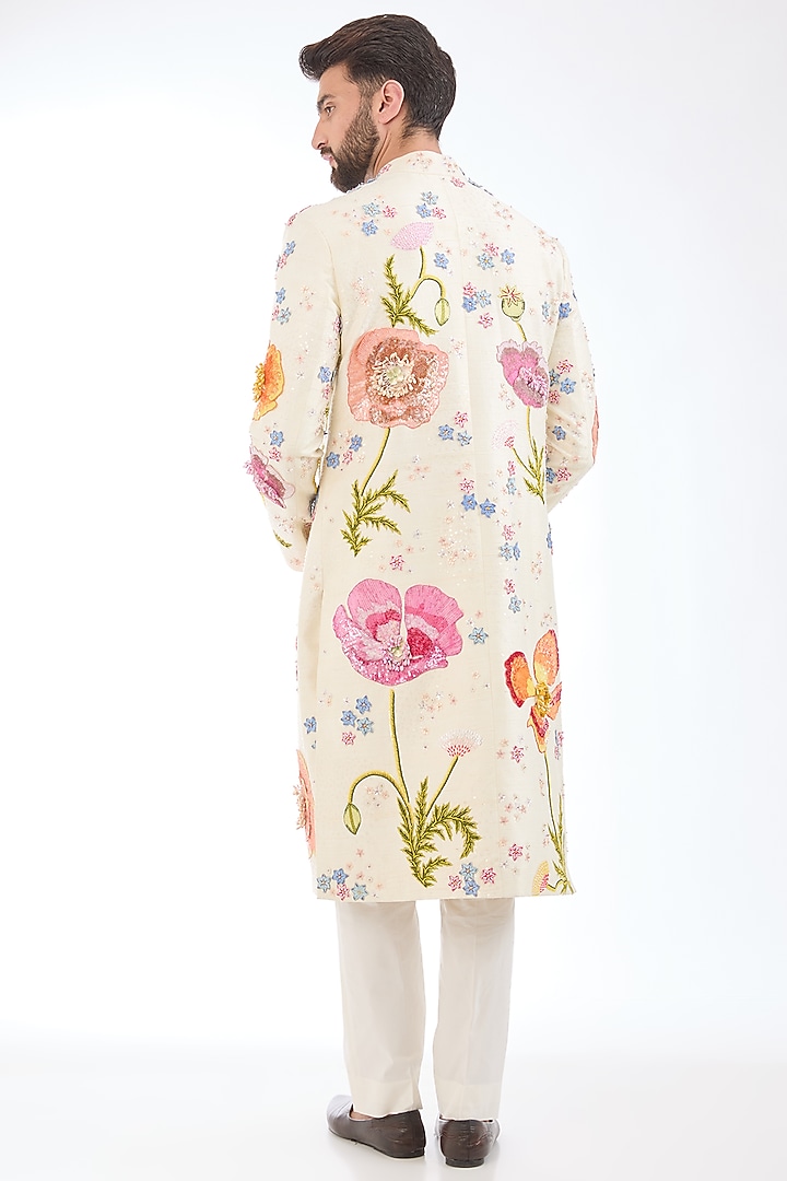 Ivory Silk Hand Embroidered Groom Sherwani by Rahul Mishra Men at Pernia's Pop Up Shop