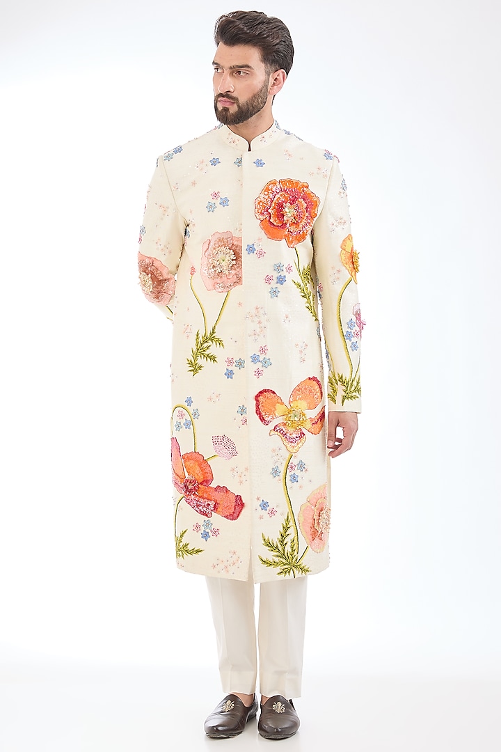 Ivory Silk Hand Embroidered Groom Sherwani by Rahul Mishra Men at Pernia's Pop Up Shop