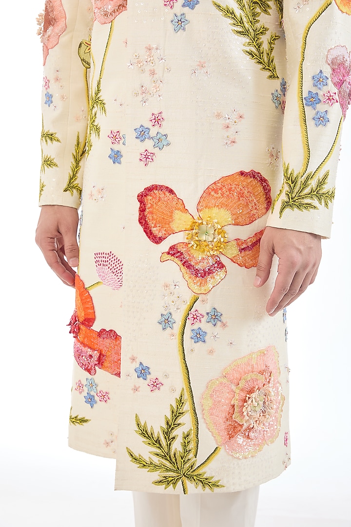 Ivory Silk Hand Embroidered Groom Sherwani by Rahul Mishra Men at Pernia's Pop Up Shop