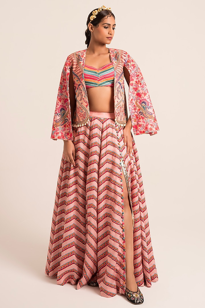 Multi-Colored Dola Silk Printed & Embroidered Jacket Wedding Lehenga Set by Ruhr India at Pernia's Pop Up Shop